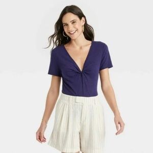 A New Day Women’s Short Sleeve V-Neck Linen T-Shirt Navy